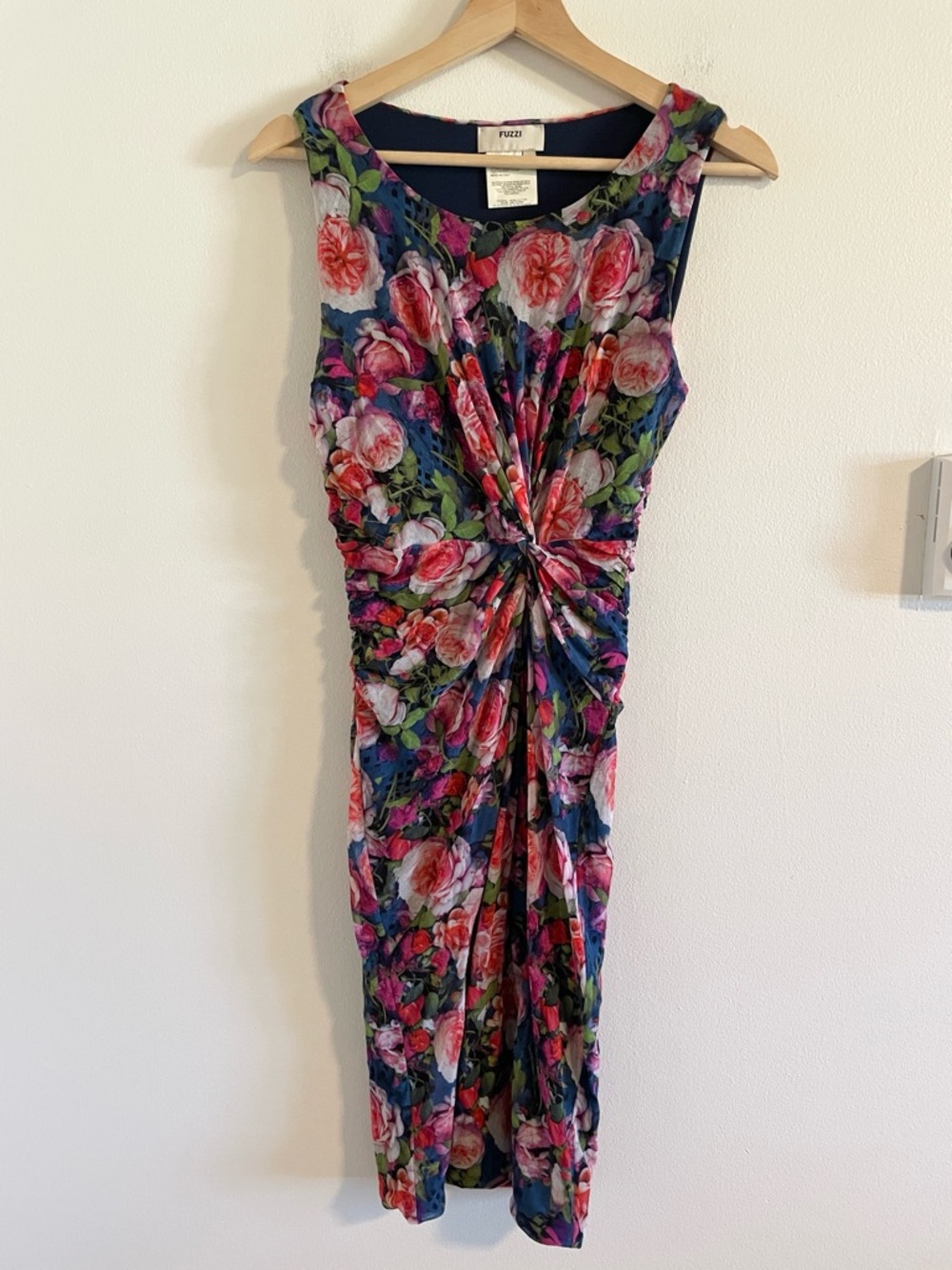 Fuzzi Sleeveless Ruched Bodycon Mesh Dress‎ Women’s Size Large Floral Pink